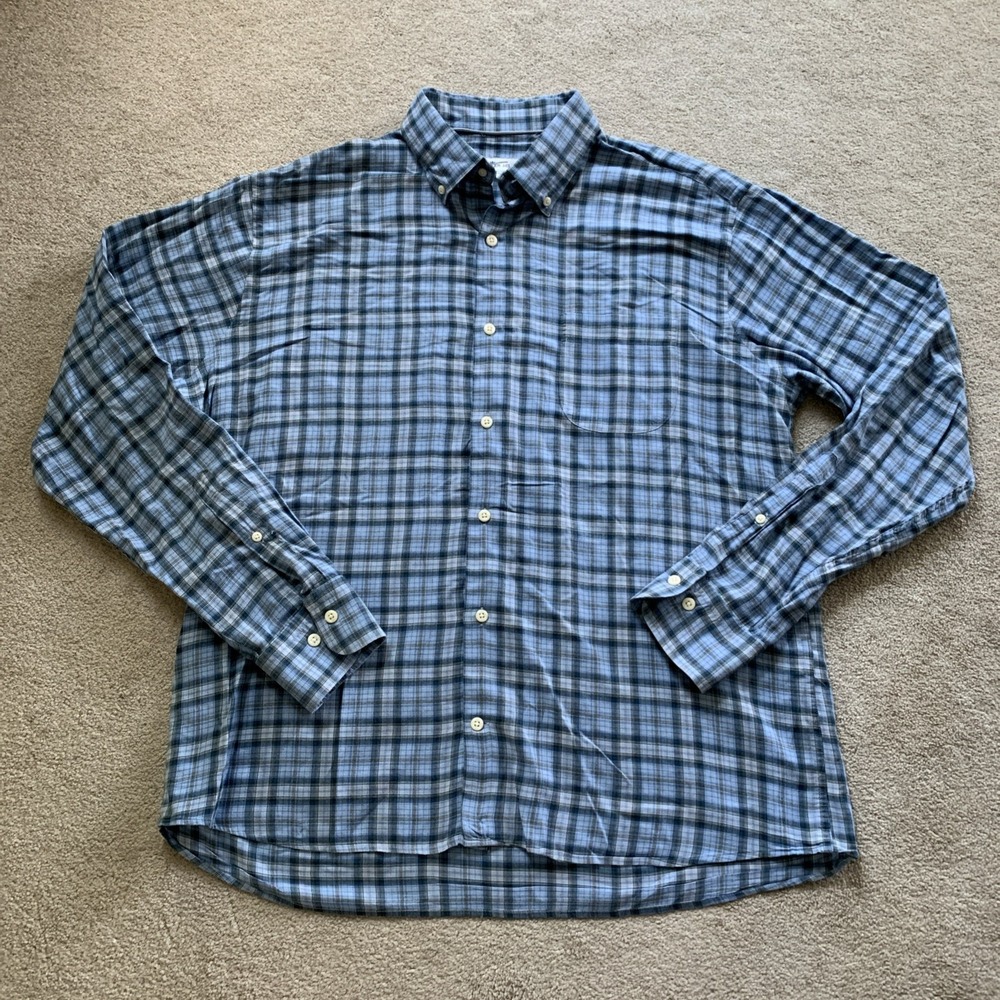 Peter Millar Button Front Plaid Shirt Mens Sz L Long‎ Sleeve Blue 100% Cotton